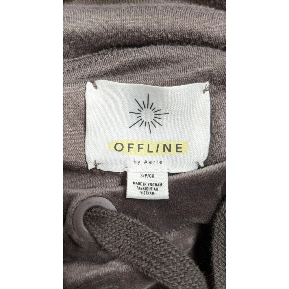 Offline By Aerie Women's Brown Super Soft Hooded Boxy Velour Cropped Pullover SM - Picture 9 of 10